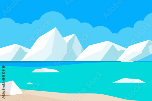 Minimalist illustration of arctic landscape with icebergs and turquoise water