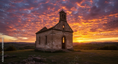 Ruined Stone Church at Sunrise on a Hilltop