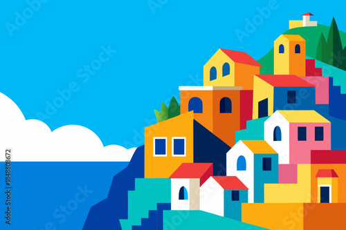 Colorful mediterranean village illustration coastal townscape with bright buildings