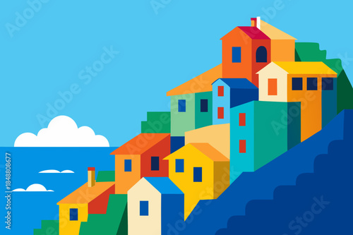 Colorful mediterranean village illustration with bright buildings and blue sea