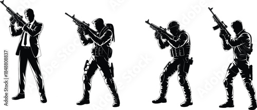 Armed tactical soldier and security operator silhouettes set featuring modern combat poses military police action vector illustration