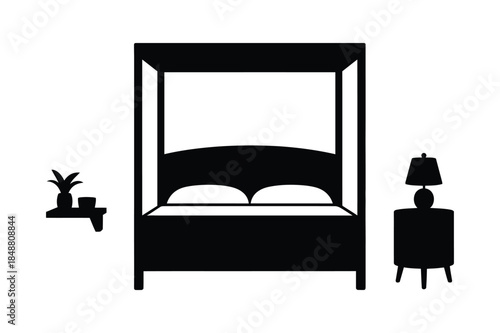 Simple black silhouette of a four-poster bed with nightstand and plant, representing bedroom, comfort, and interior design.
