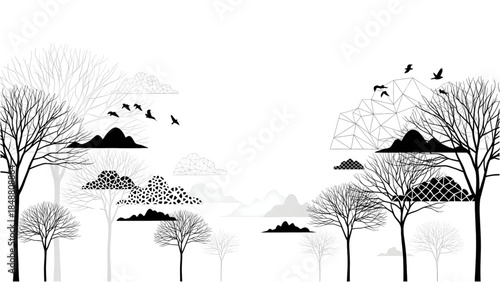 Minimalist landscape with bare trees and geometric mountains