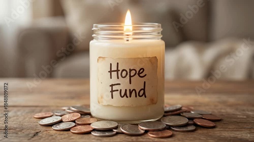 Brainstorming nonprofit hope fund ideas with candle flame, coins, and charity donations to inspire money giving and support positive community change