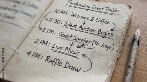 Fundraising event timetable brainstorming for nonprofits planning silent auction live music raffle draw and guest speaker to inspire community support