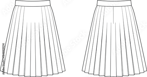 Front and back view pleated midi skirt vector illustration, high waist technical fashion drawing flat apparel template