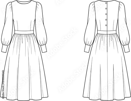 Front and back view women long sleeve midi dress vector illustration, button back technical fashion drawing template