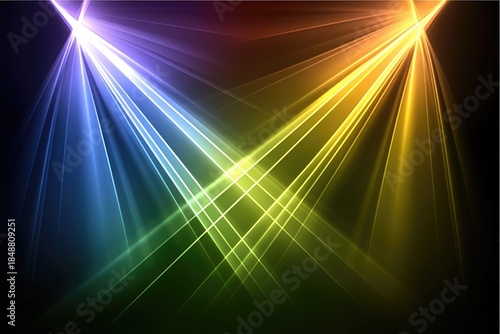 colorful laser light beams with rainbow stage spotlights on dark background for concert and party design element
