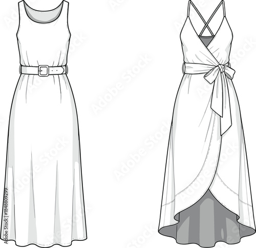 Front and back view women wrap maxi dress vector illustration, belted sleeveless crossover strap technical drawing