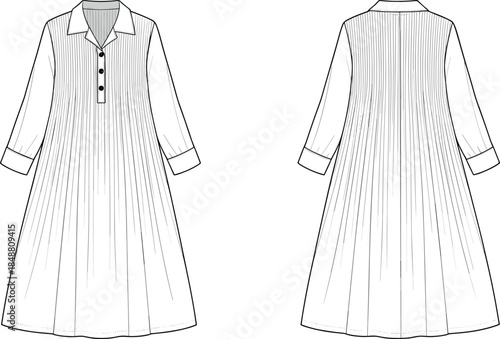 Women's pleated long sleeve shirt dress technical fashion flat sketch front and back view vector illustration design