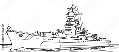 Battleship warship naval vessel line art illustration detailed military cruiser with cannons radar mast black white vector drawing
