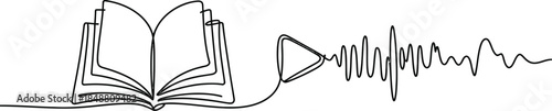 Open book and play button with sound wave in single line drawing style Vector