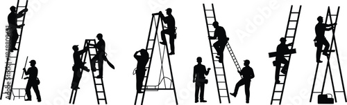 Construction workers ladder silhouettes illustration showing maintenance repair safety tasks teamwork industrial labor black vector icon set