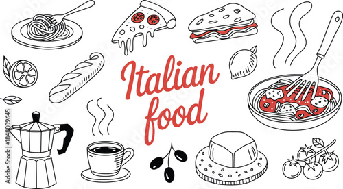 Italian food doodles: pizza, pasta, coffee, bread, and dessert on white Vector