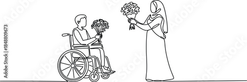 Continuous line art illustration of disabled person in wheelchair receiving flowers symbolizing kindness support inclusion care love humanity