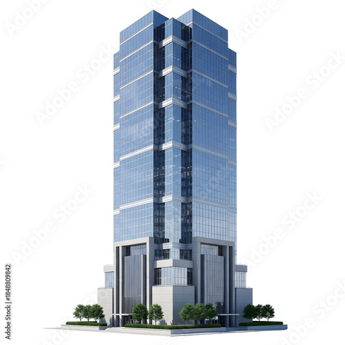 Modern glass skyscraper with reflective windows and a rectangular shape, isolated on a transparent background, showcasing urban architecture and cityscape design
