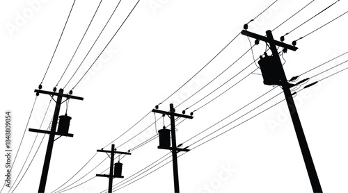Electric power distribution poles and overhead transmission lines silhouette illustration showing utility infrastructure energy network black vector design