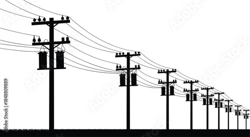Electric power distribution poles silhouette illustration showing overhead utility lines transformers rural energy infrastructure black vector design