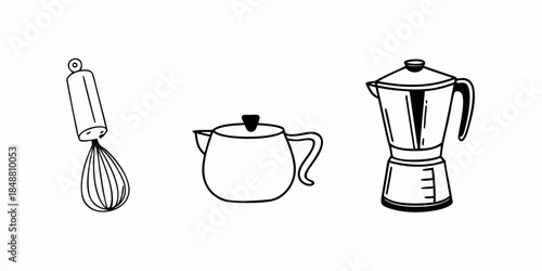 Diverse assortment of essential kitchen and beverage preparation tools, depicted as clean line art illustrations, perfect for culinary and drink-related design projects