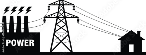 Electric power transmission illustration showing power plant high voltage tower and residential house energy distribution silhouette vector design