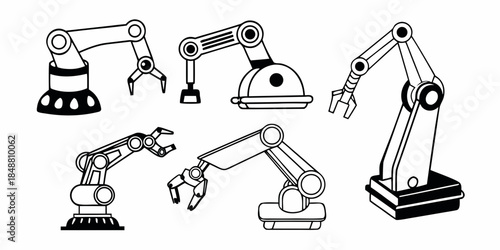 Collection of industrial robotic arms in a clean, vector illustration style