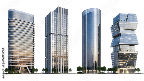 Four glass-clad modern skyscrapers, isolated on a transparent background, representing contemporary urban architecture and business environments