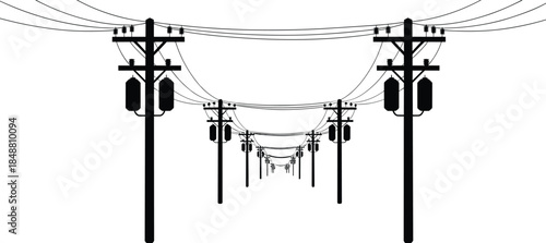 Electric power transmission line silhouette illustration featuring utility poles cables transformers perspective view infrastructure energy distribution black vector design