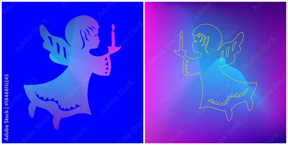 Obraz premium Gradient Angel Silhouette and Neon Outline Art, Blue and Purple Abstract Angel Illustration, Stylized Christmas Angel Holding a Candle