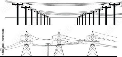 Electric utility poles and high voltage transmission towers silhouette electricity grid infrastructure panorama isolated on white background energy network concept