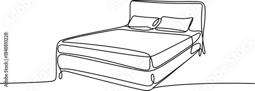 Minimalist continuous line drawing of a bed with pillows on white background Vector