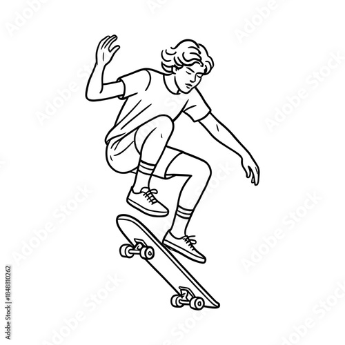 Teenage boy doing skateboard trick in mid-air for street culture, youth sport and urban lifestyle design. Vector illustration.