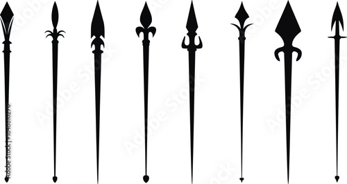 Ancient spearhead silhouettes collection medieval tribal weapons set isolated on white background historical warfare symbols vector illustration design