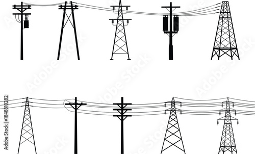Electric utility poles and transmission towers silhouette set with power lines, distribution grid elements, energy infrastructure illustration for engineering and industrial design