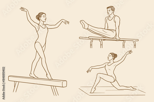 Male and female gymnasts performing on balance beam, floor and parallel bars for sports training, competition and fitness design. Vector illustration.