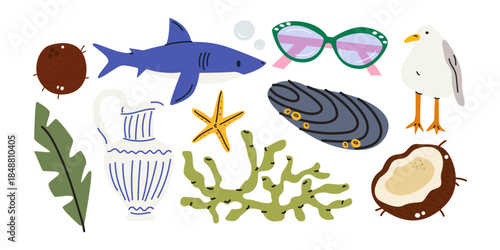 Cartoon summer stickers in doodle style. Summer vacation, beach season, coconut, shark, corals. Bright groovy summer elements and shapes for patches, labels, stamps. Vector illustrations