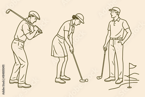 Vintage golfers playing on course for sports club, outdoor activity and lifestyle design. Vector illustration.