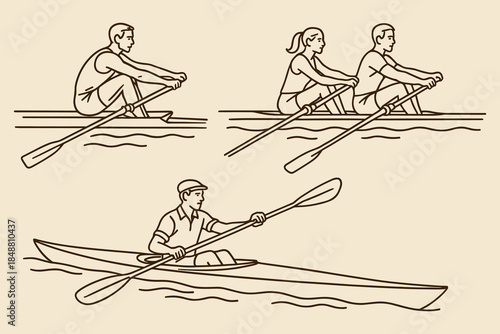 Vintage rowing and kayaking athletes in action on water for sports, fitness, and outdoor adventure design. Vector illustration.