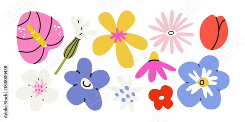 Cartoon groovy flowers set in retro style. Bright cheerful spring elements and shapes. Vector nature illustration for seasonal design and holidays, greeting cards, patches, labels, stamps