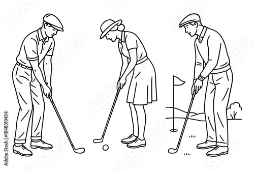 Vintage golfers putting on course for sports club, leisure activity and outdoor lifestyle design. Vector illustration.