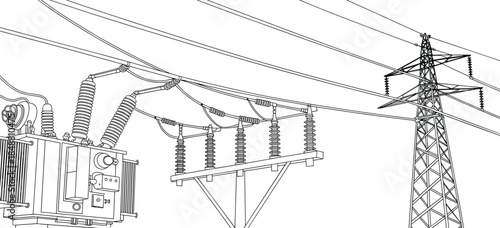 High voltage power transmission infrastructure, electrical substation transformer, utility grid lines, energy distribution system, industrial engineering illustration, technical schematic drawing