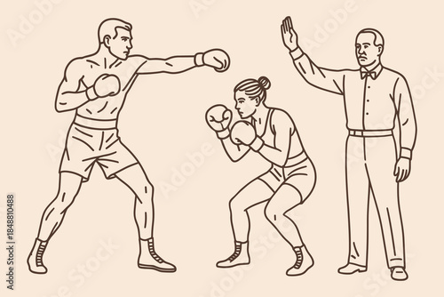 Vintage boxing match scene with male and female boxers and referee in ring for sport, competition, and training design. Vector illustration.