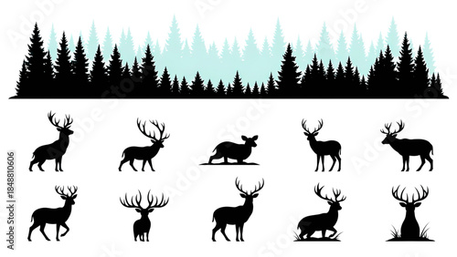 Deer silhouettes in forest landscape with trees