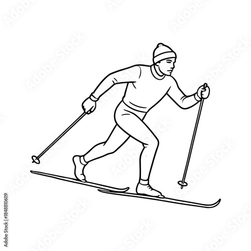 Vintage illustration of a male cross-country skier gliding on snow using poles. Winter sport scene in retro vector style.