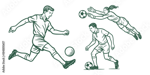 Vintage style illustration of football players in action: one kicking the ball, another dribbling, and a goalkeeper diving to make a save. Retro vector drawing of a soccer match scene.