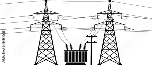 High voltage power transmission towers with electrical transformer substation silhouette illustration energy infrastructure electricity distribution black vector design