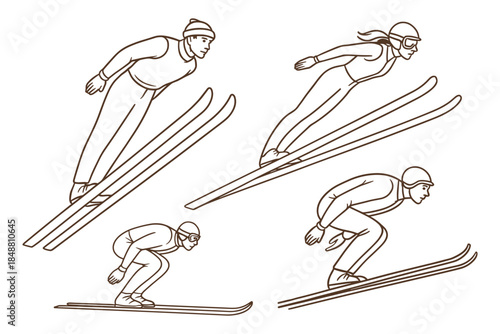 Vintage style illustration of ski jumpers in mid-air and takeoff positions. Athletes performing winter sports on snow with long skis and helmets. Vector drawing.