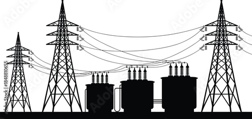 High voltage power transmission towers with electrical transformers silhouette illustration industrial energy infrastructure grid distribution black vector design