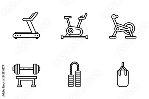 Outline icons for fitness equipment: treadmill, exercise bike, dumbbells, jump rope, punching bag