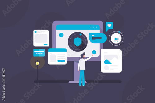 Cybersecurity specialist monitor AI driven data protection system, digital shield safeguarding social profiles, web logins and personal financial data across multi web platform.