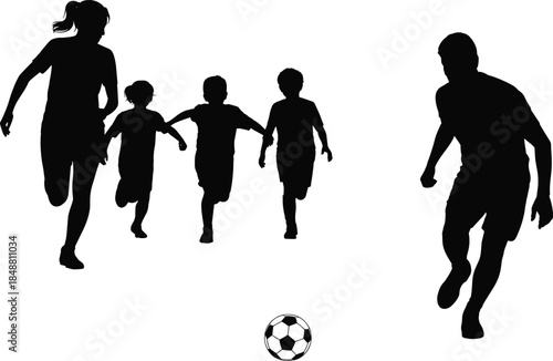 Kids and adults playing soccer silhouette illustration group outdoor football activity teamwork sport recreation black vector design